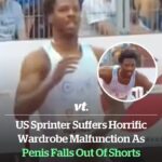 US sprinter suffers horrific wardrobe malfunction as manhood falls out of shorts during race